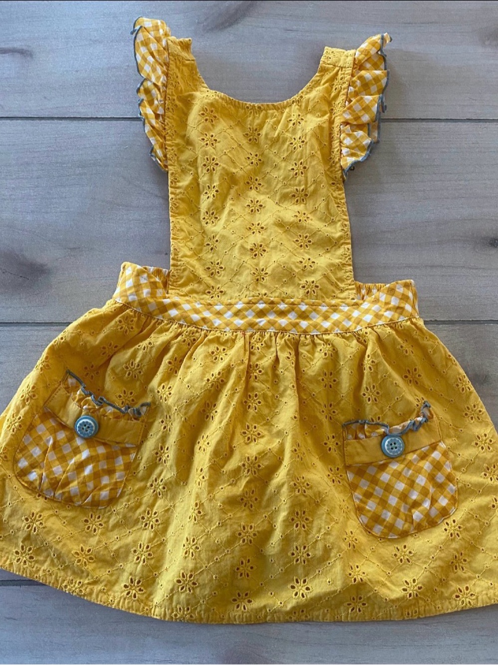 Matilda Jane Yellow Eyelet Gingham Pocket Jumper Apron Dress